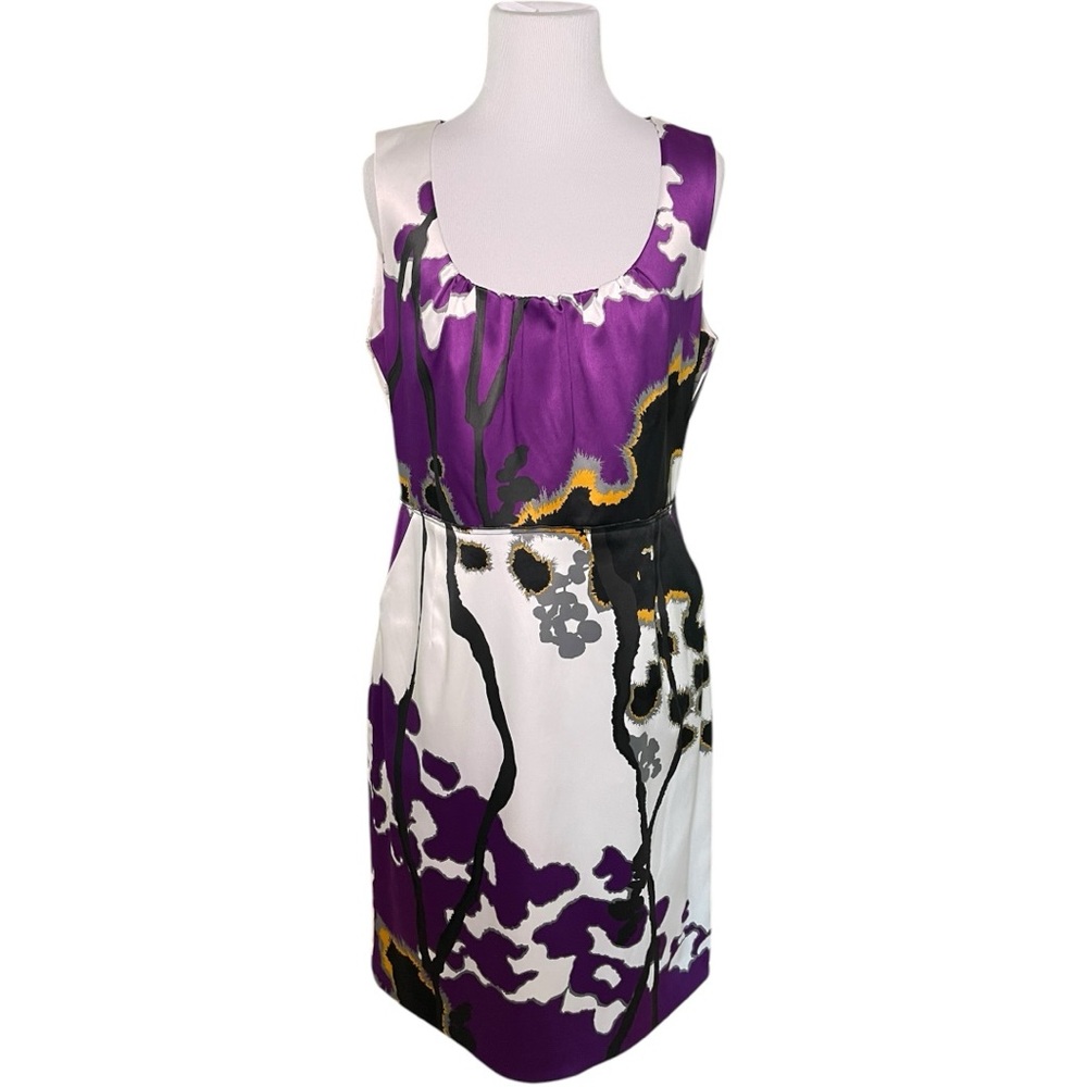 Tahari Purple and White Ruched Tie Front Mini Dress